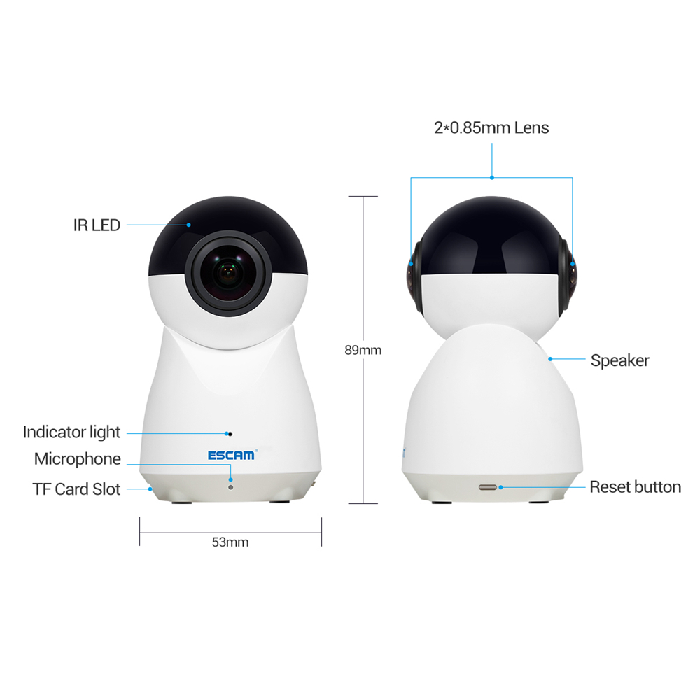 ESCAM QP720 1080P 720 Degree Panoramic WIFI IP Camera H.265 Night Vision - White US Plug