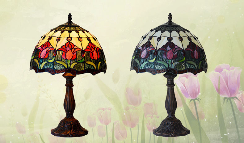 FUMAT Tiffany Style Stained Glass Table Lamp - Romantic Blue Tulip Design