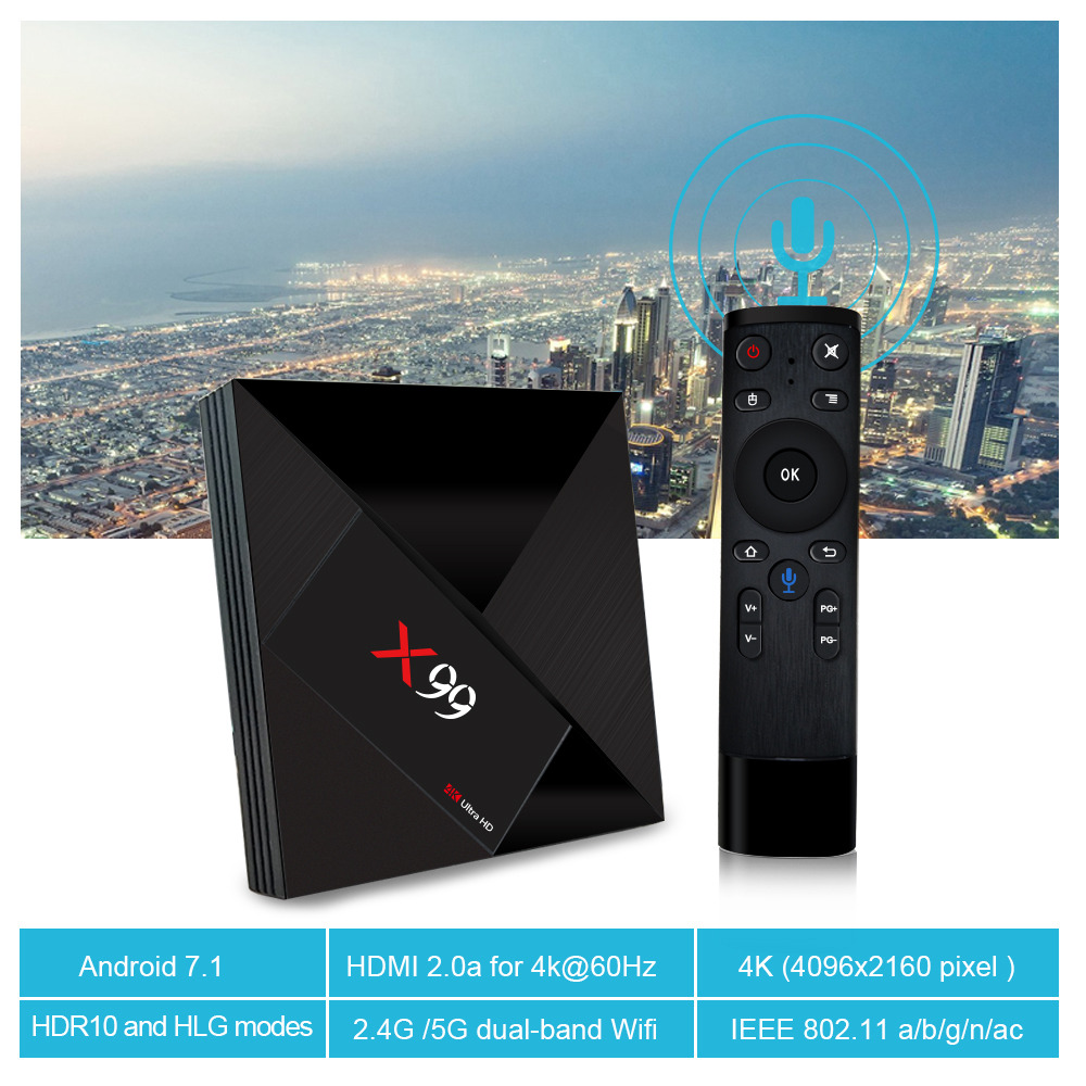 X99 KODI 18.0 4GB/64GB Android 7.1 RK3399 4K TV Box 2.4G/5G WiFi 1000M LAN Bluetooth Type-C USB3.0 VP9 H.265 LED Display