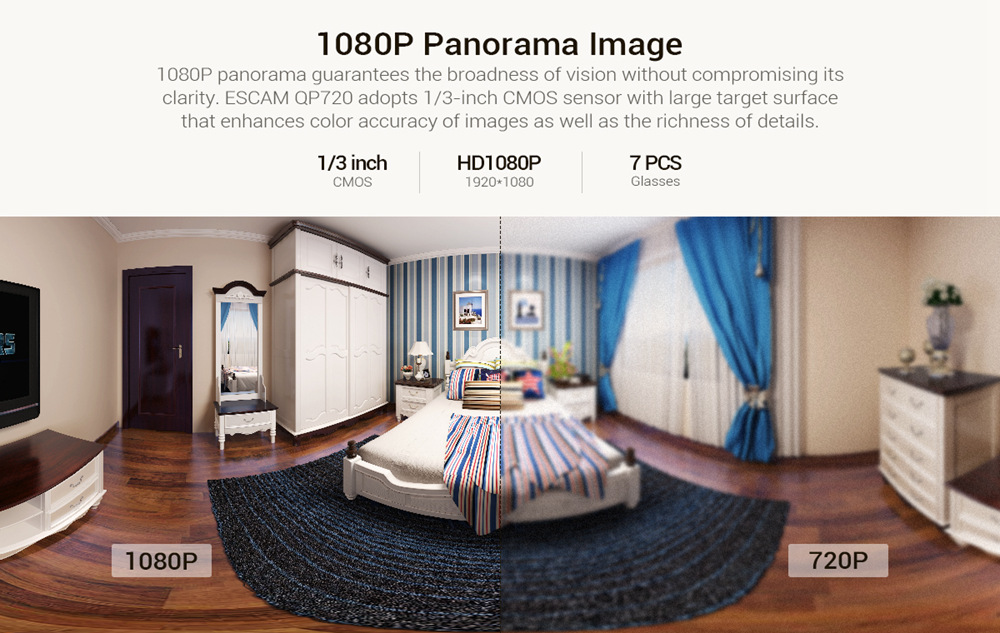 ESCAM QP720 1080P 720 Degree Panoramic WIFI IP Camera H.265 Night Vision - White US Plug