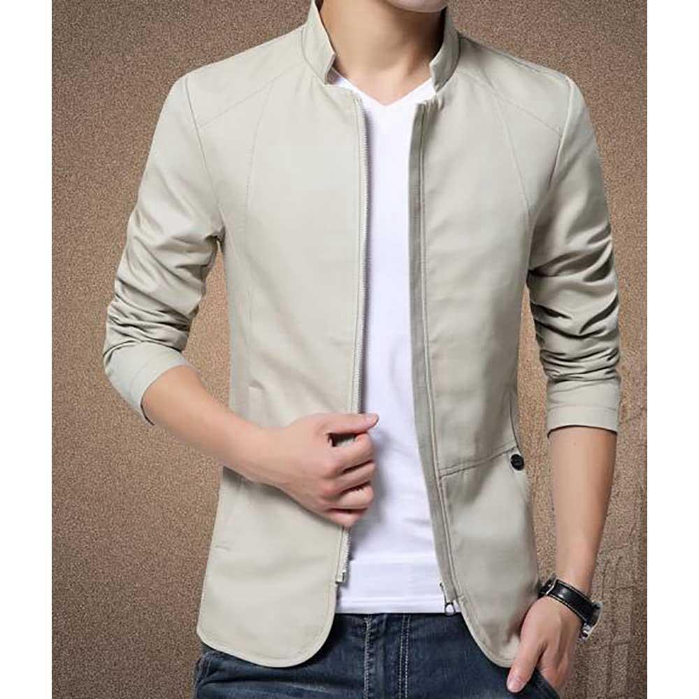 Men's Autumn & Winter Business Casual Stand Collar Coat Slim Fit Jacket With Zipper Size M - Beige