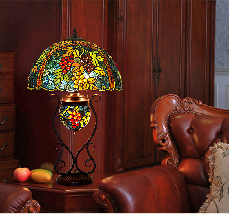 FUMAT 17" Tiffany Style Stained Glass Double Lit Table Lamp - Romantic Ripe Grapes Design