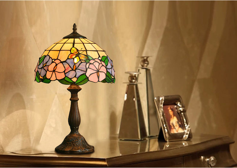 FUMAT Tiffany Style Stained Glass Table Lamp - Romantic Blue Tulip Design