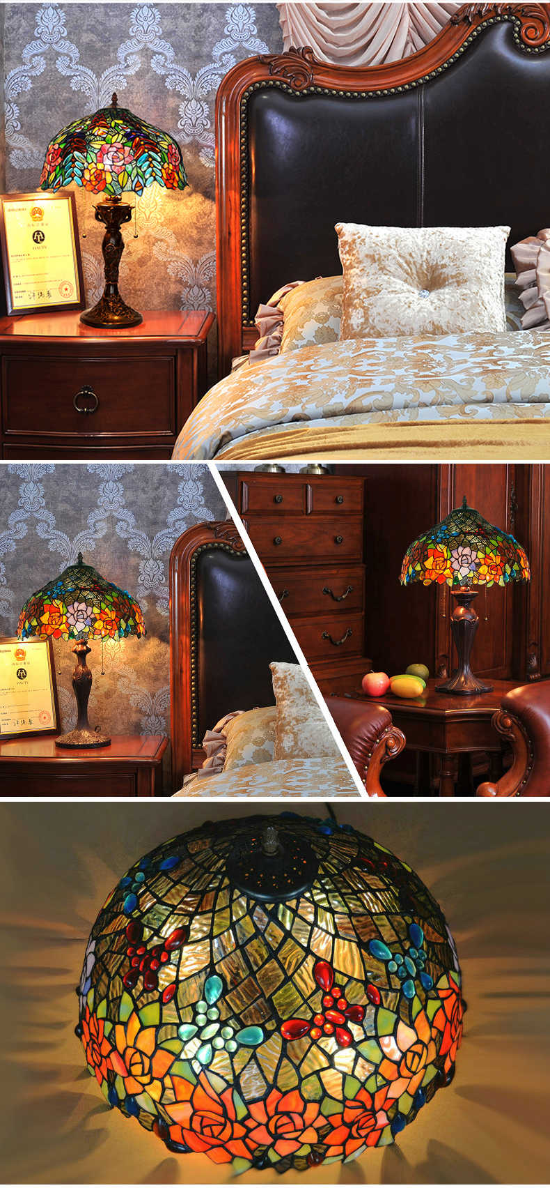 FUMAT Tiffany Style Stained Glass Table Lamp - Romantic Grape Rose Design(768 PCS Glass)