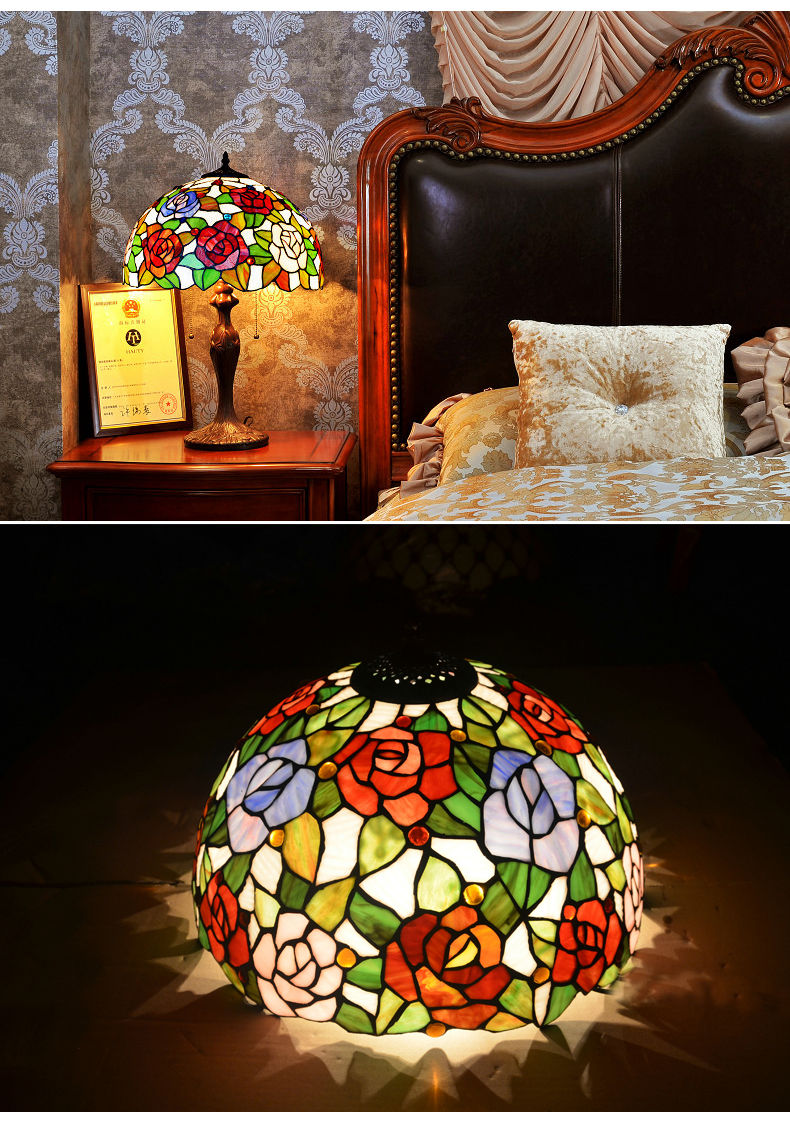 FUMAT Tiffany Style Stained Glass Table Lamp - Romantic Grape Rose Design(768 PCS Glass)