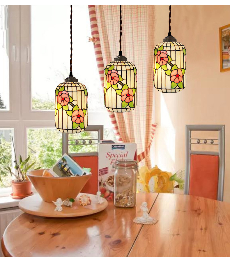 FUMAT Tiffany Style Stained Glass Handcrafted Pendant Light - Red Plum Design with 3 Lights