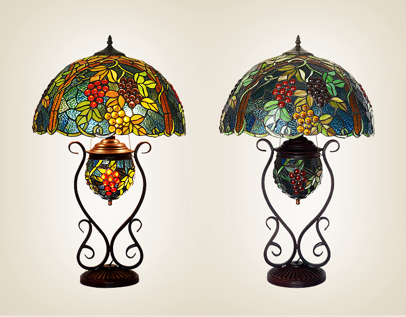 FUMAT 17" Tiffany Style Stained Glass Double Lit Table Lamp - Romantic Ripe Grapes Design