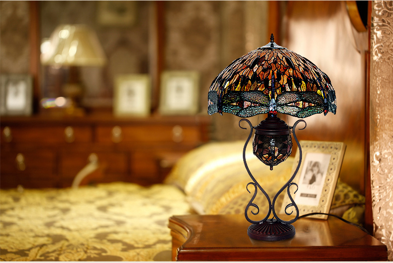 FUMAT 17" Tiffany Style Stained Glass Double Lit Table Lamp - Romantic Ripe Grapes Design