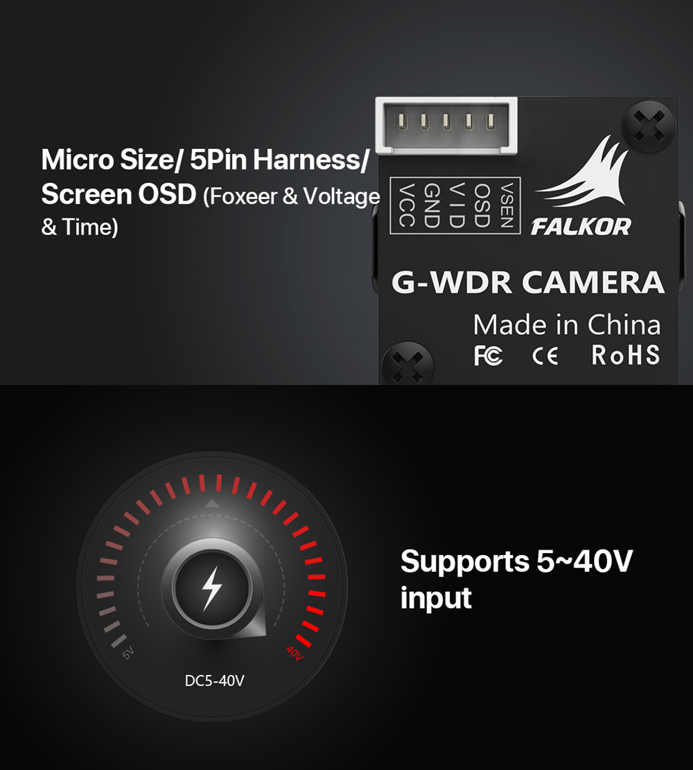 Foxeer Micro Falkor WDR 1.8mm 1/3 CMOS Sensor 1200TVL Wide Voltage 5-40V OSD FPV Camera 16:9 4:3 N/P Switchable - Black