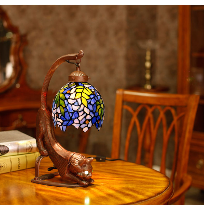 FUMAT Tiffany Style Stained Glass Handcrafted Table Lamp - Retro Cat Base Wisteria Design