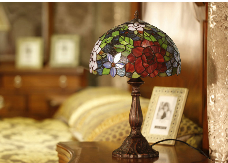 FUMAT 12" Tiffany Style Stained Glass Table Lamp - Romantic Red Rose Design