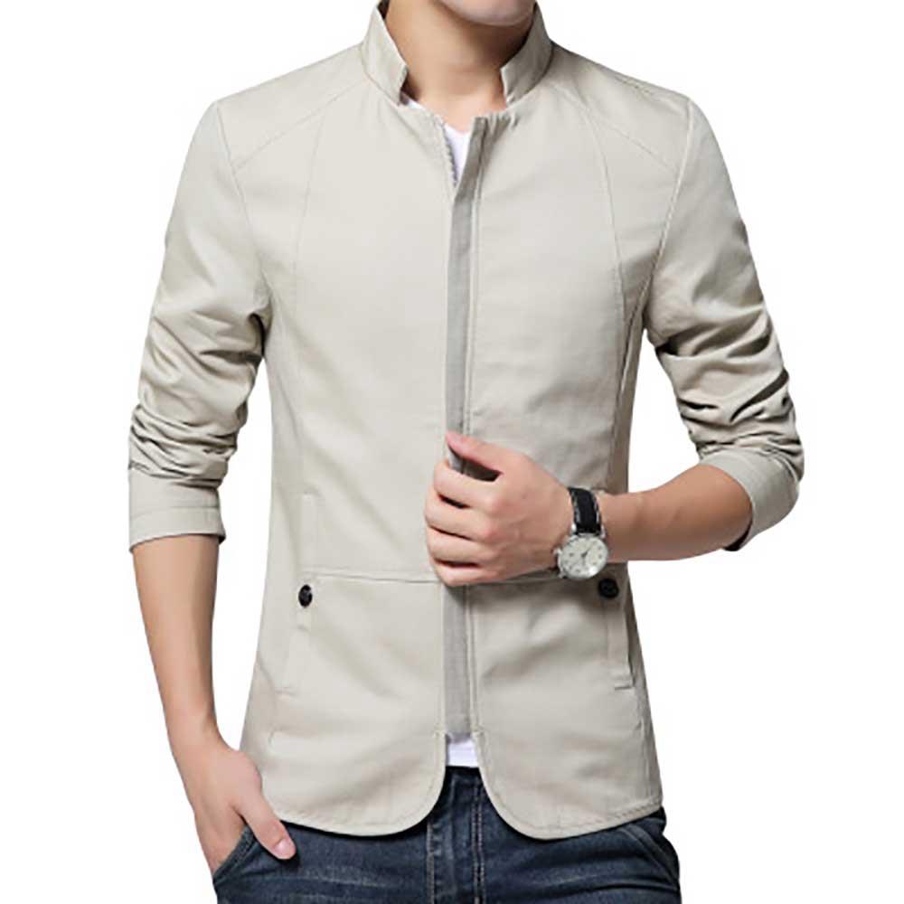 Men's Autumn & Winter Business Casual Stand Collar Coat Slim Fit Jacket With Zipper Size M - Beige
