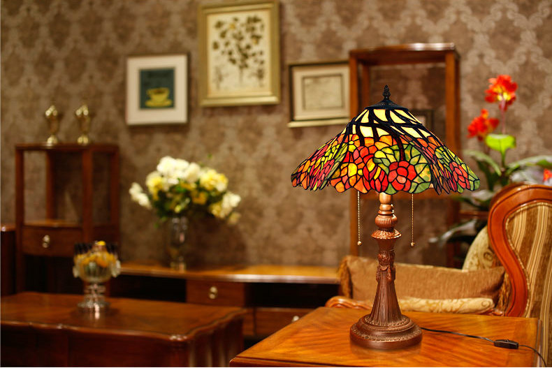 FUMAT Tiffany Style Stained Glass Handcrafted Table Lamp - Creative Red Maple Leaf Desgin