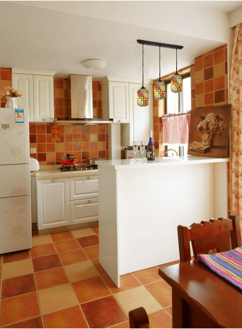 FUMAT Tiffany Style Stained Glass Handcrafted Pendant Light - Red Plum Design with 3 Lights