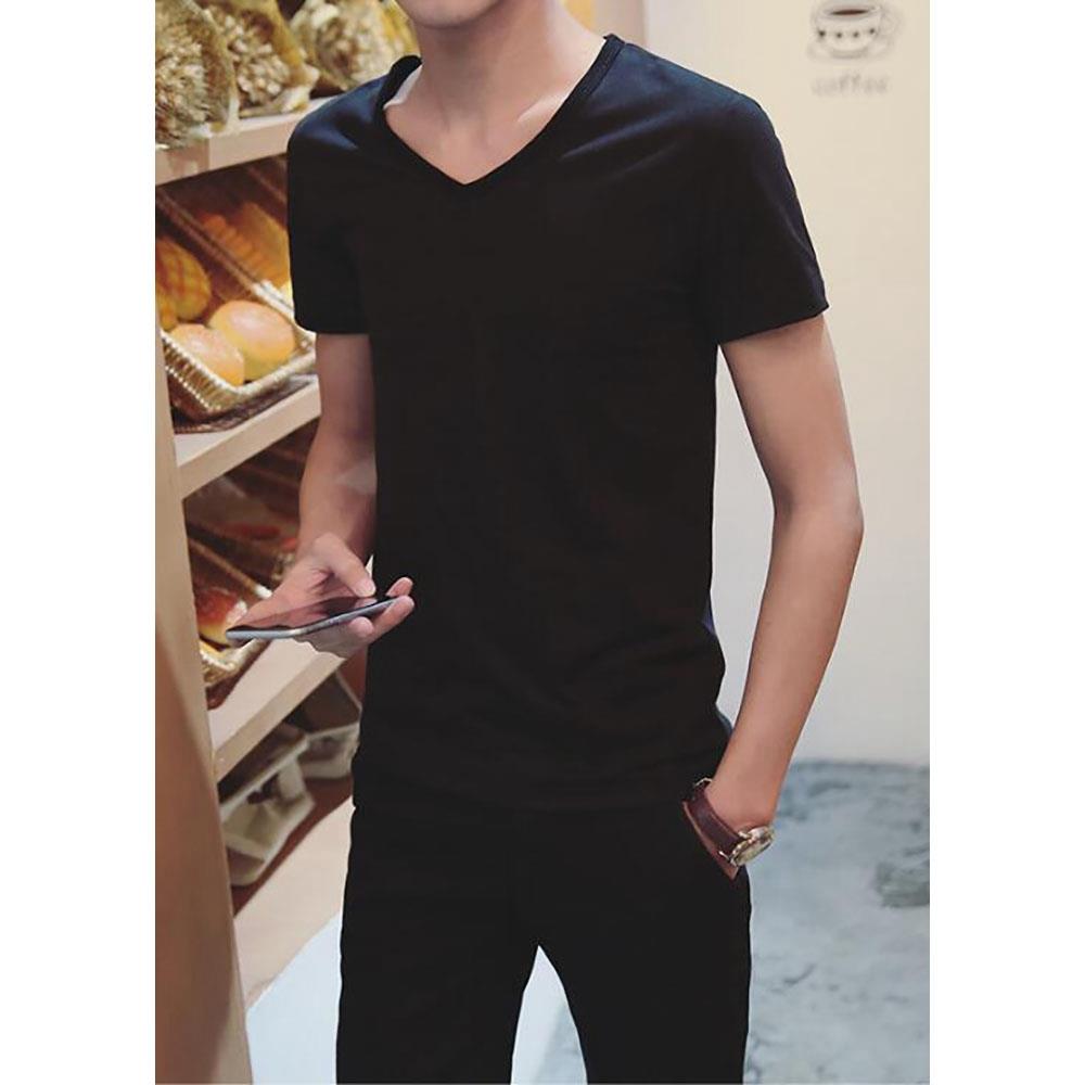 Men's Basic V-neck Short Sleeve T-shirt (Personality Tee Cultivating Size M) - Black