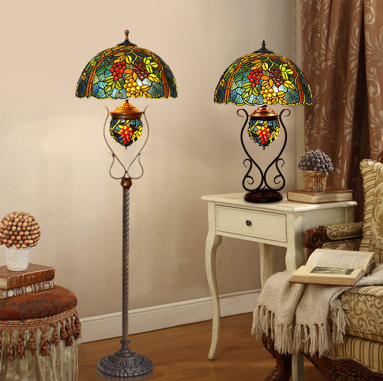 FUMAT 17" Tiffany Style Stained Glass Double Lit Table Lamp - Romantic Ripe Grapes Design