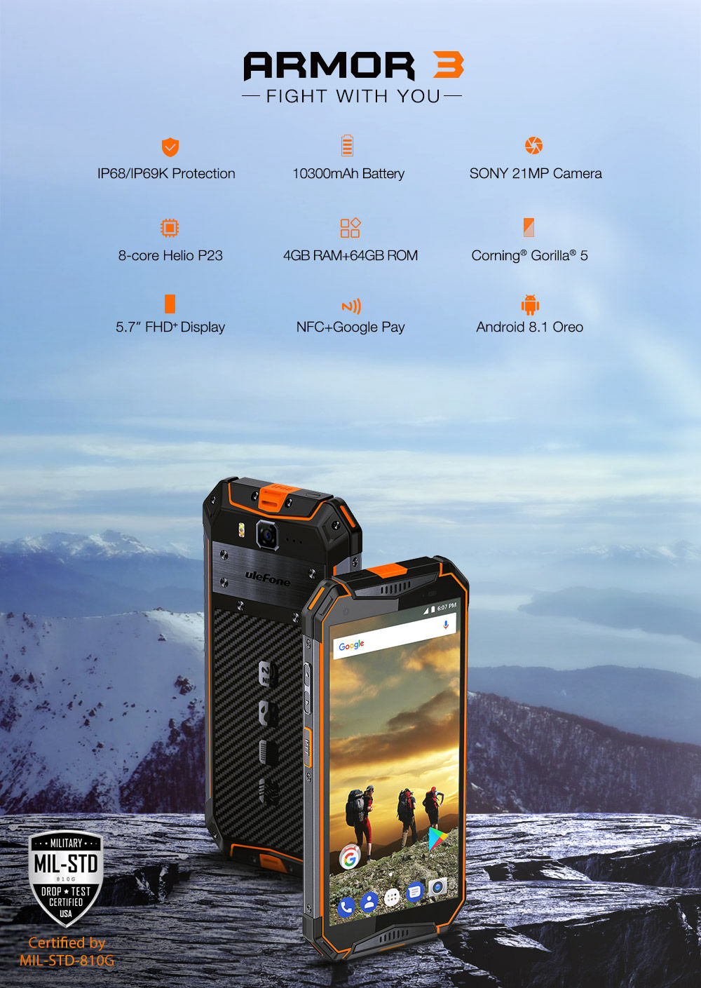 [HK Stock]Ulefone Armor 3 5.7 Inch 4G LTE Smartphone FHD+ Screen MT6763T 4GB 64GB 21.0MP Rear Camera Android 8.1 IP68 NFC 10300mAh Fast Charge - Black