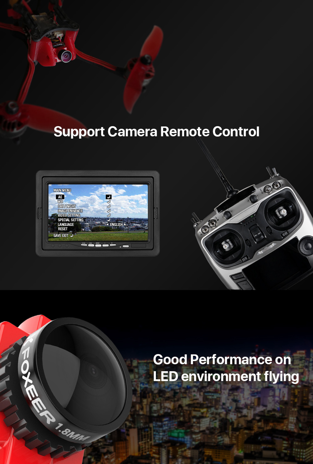 Foxeer Micro Falkor WDR 1.8mm 1/3 CMOS Sensor 1200TVL Wide Voltage 5-40V OSD FPV Camera 16:9 4:3 N/P Switchable - Black