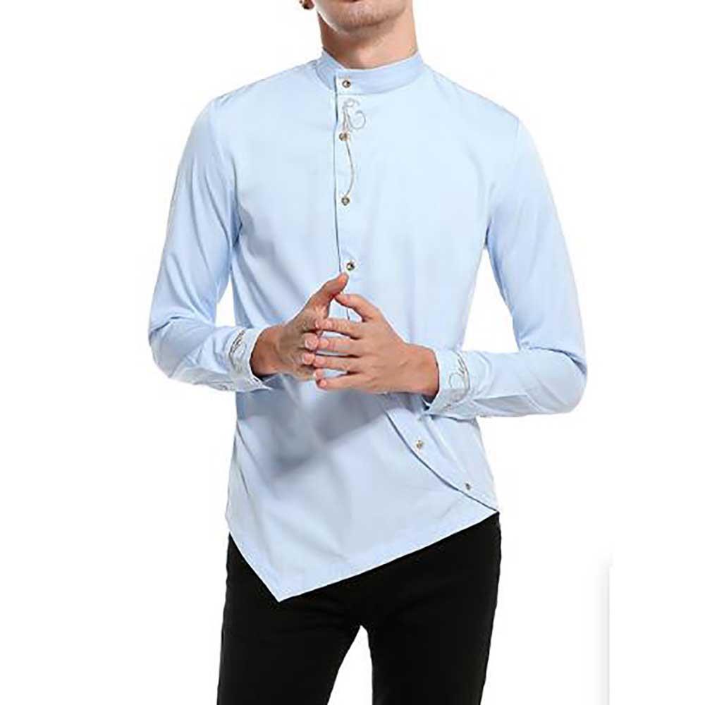 Men's Fashion Casual Long Sleeve Shirt Slim Fit Special Buttons Cotton Size S - Light Blue