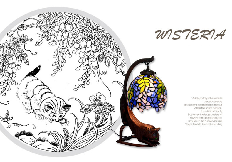 FUMAT Tiffany Style Stained Glass Handcrafted Table Lamp - Retro Cat Base Wisteria Design