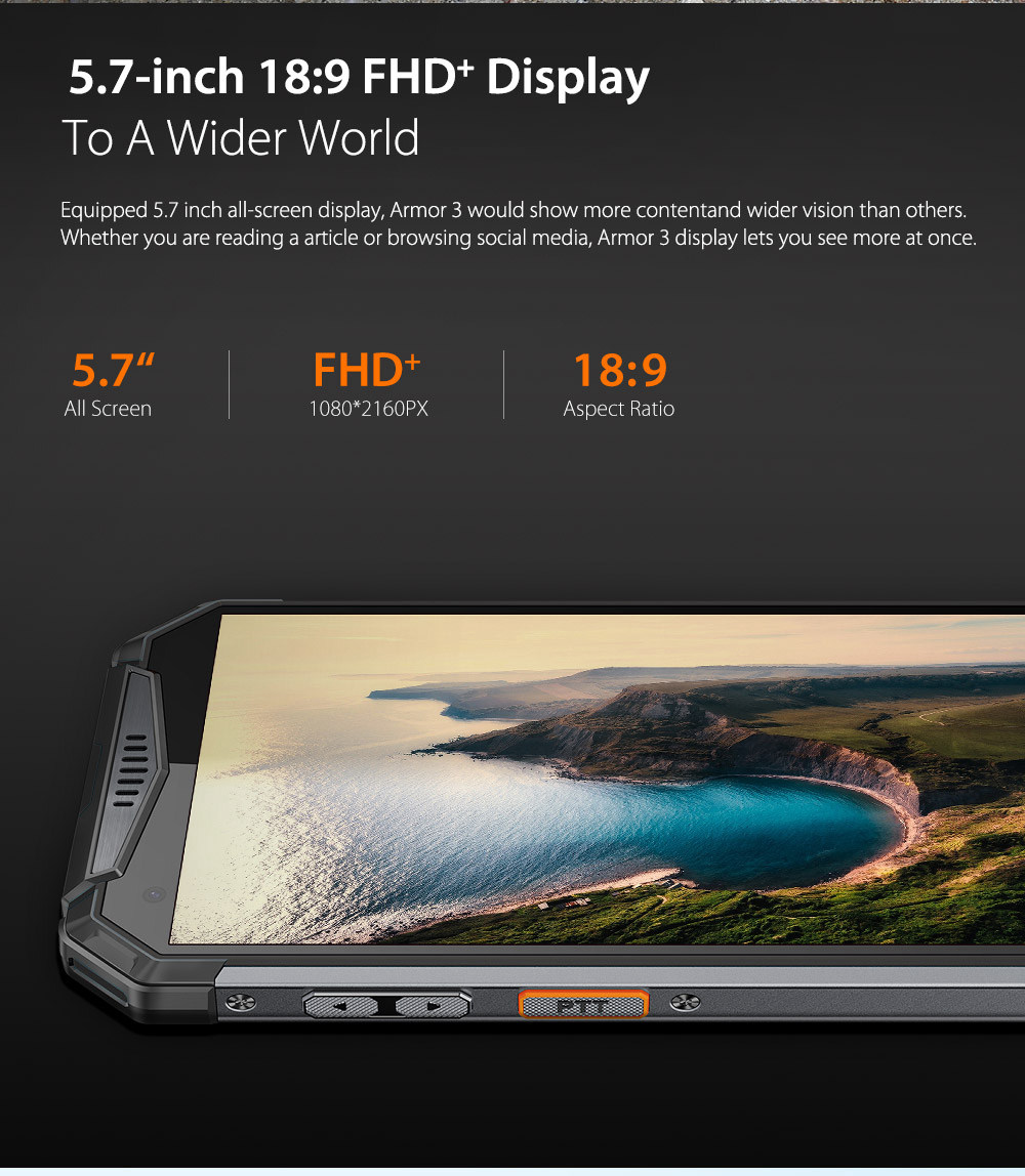 [HK Stock]Ulefone Armor 3 5.7 Inch 4G LTE Smartphone FHD+ Screen MT6763T 4GB 64GB 21.0MP Rear Camera Android 8.1 IP68 NFC 10300mAh Fast Charge - Black