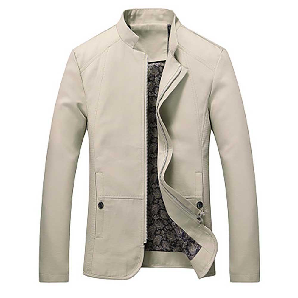 Men's Autumn & Winter Business Casual Stand Collar Coat Slim Fit Jacket With Zipper Size M - Beige