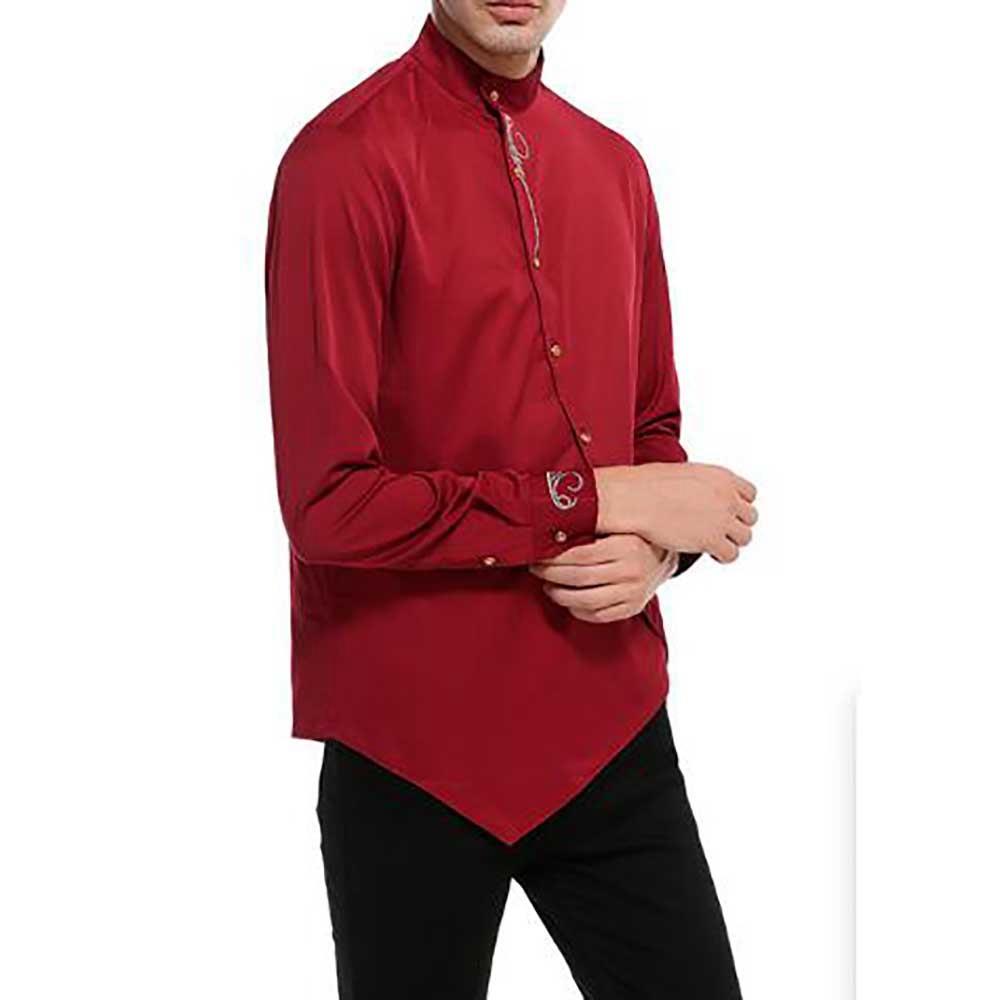 Men's Fashion Casual Long Sleeve Shirt Slim Fit Special Buttons Cotton Size S - Burgundy