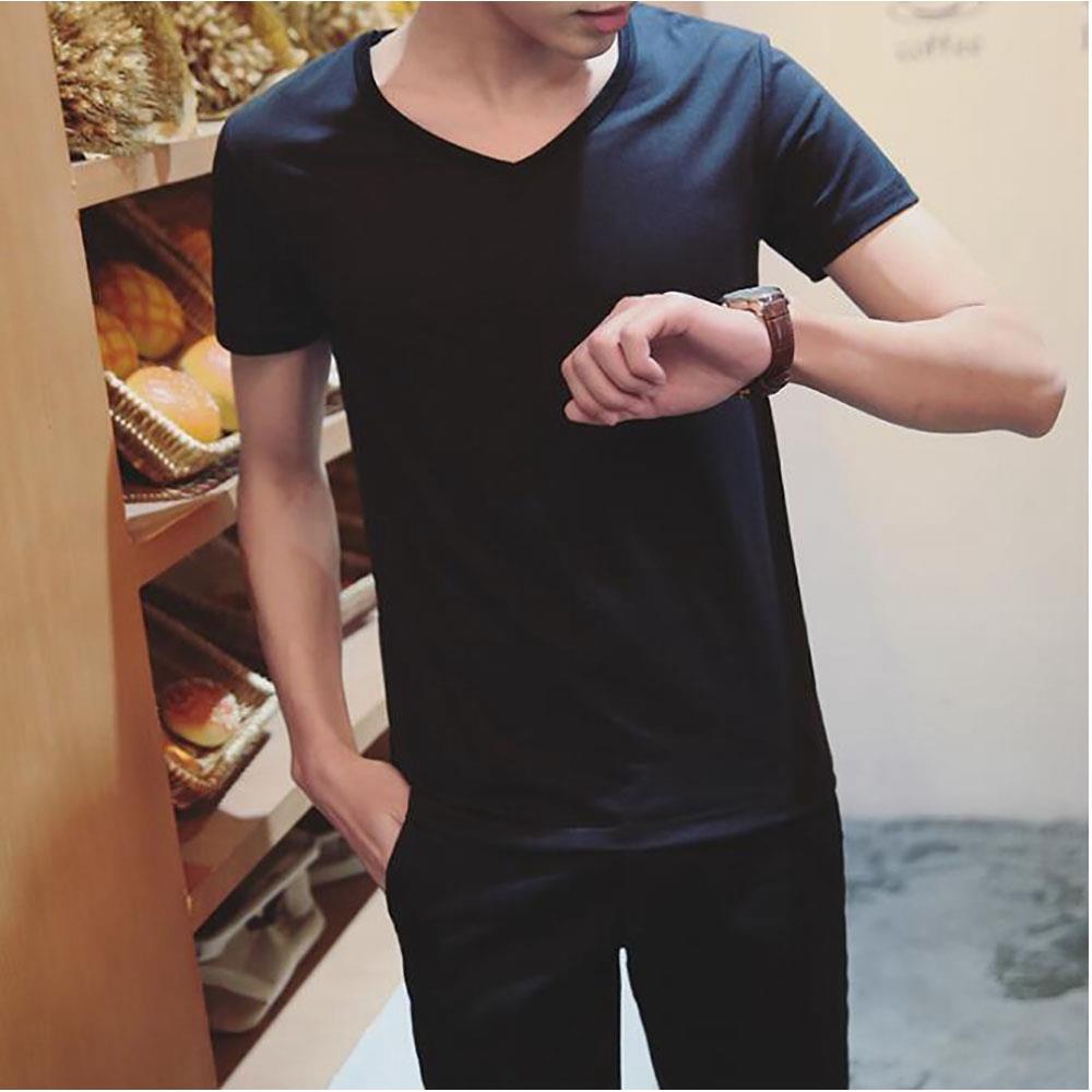 Men's Basic V-neck Short Sleeve T-shirt (Personality Tee Cultivating Size M) - Black