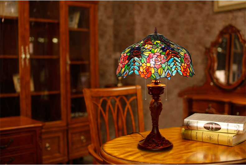 FUMAT Tiffany Style Stained Glass Table Lamp - Romantic Grape Rose Design(768 PCS Glass)