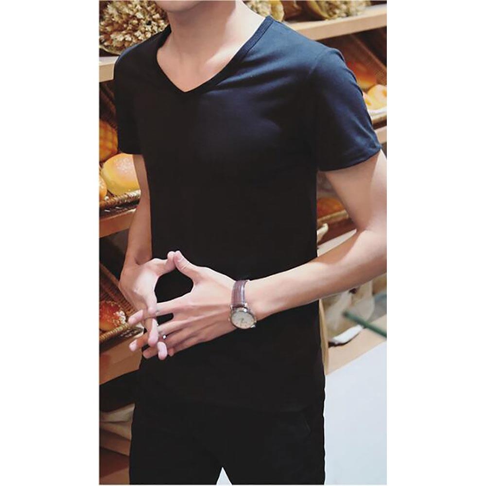 Men's Basic V-neck Short Sleeve T-shirt (Personality Tee Cultivating Size M) - Black
