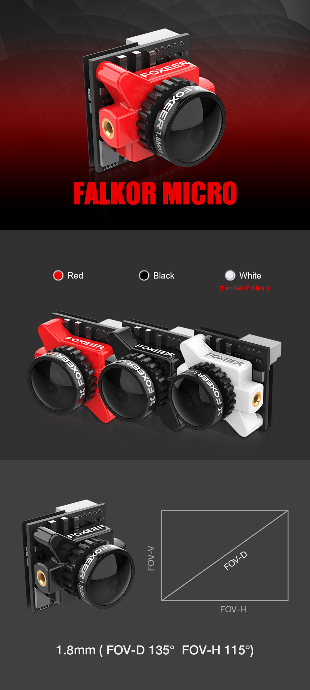 Foxeer Micro Falkor WDR 1.8mm 1/3 CMOS Sensor 1200TVL Wide Voltage 5-40V OSD FPV Camera 16:9 4:3 N/P Switchable - Black