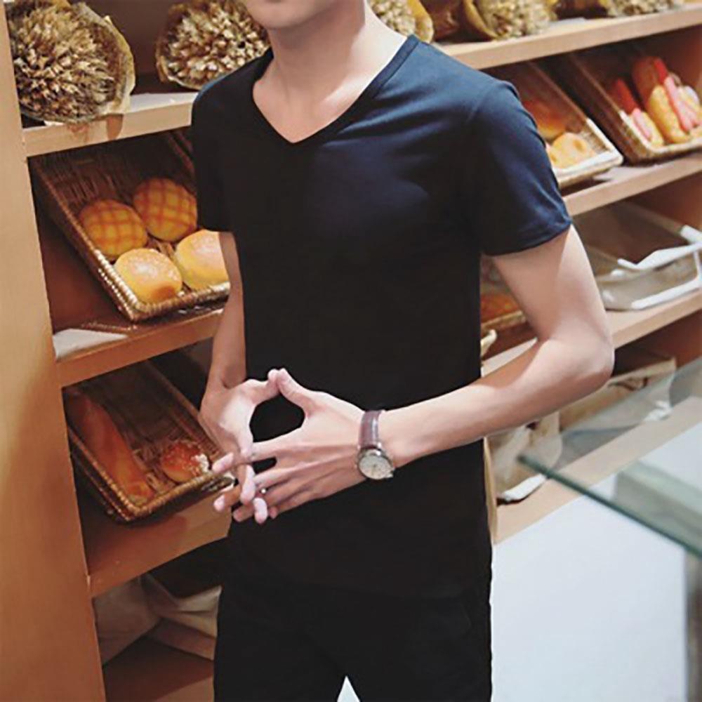 Men's Basic V-neck Short Sleeve T-shirt (Personality Tee Cultivating Size M) - Black