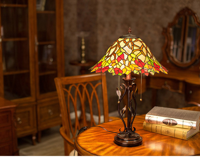 FUMAT Tiffany Style Stained Glass Handcrafted Table Lamp - Creative Red Maple Leaf Desgin