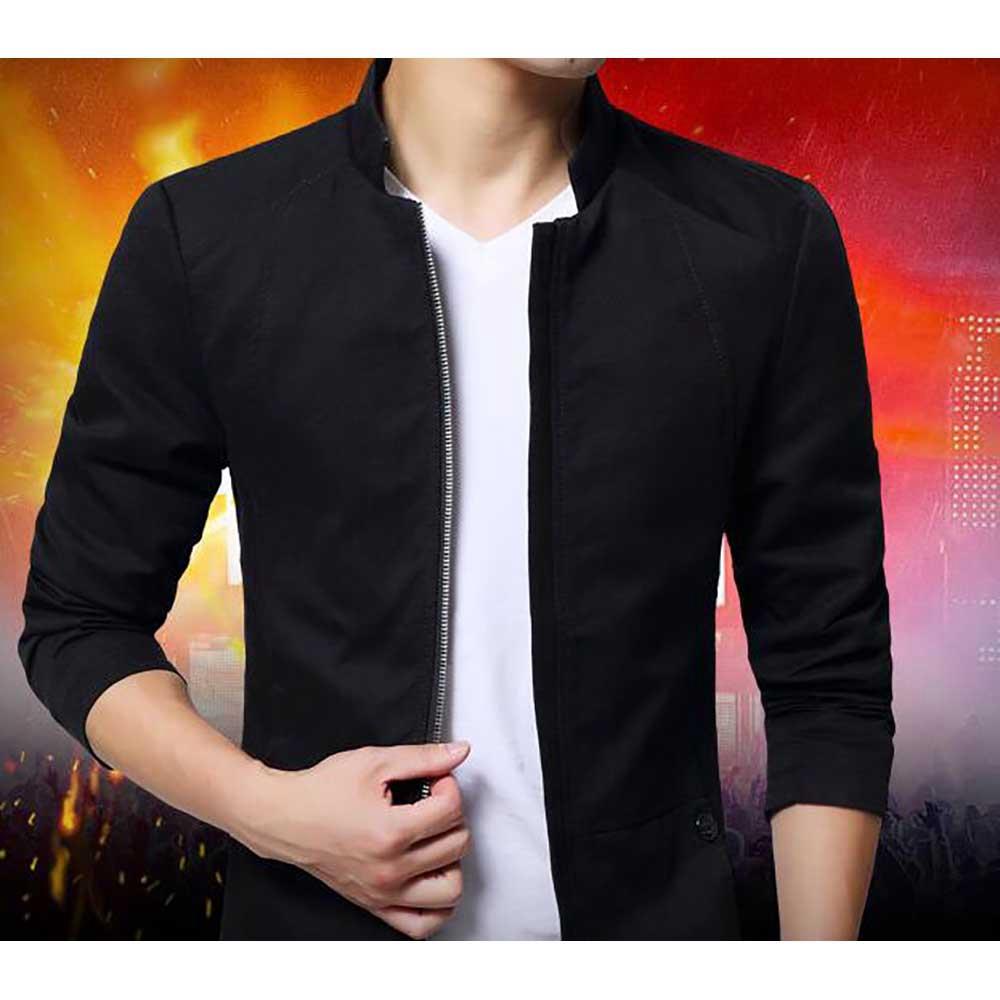 Men's Autumn & Winter Business Casual Stand Collar Coat Slim Fit Jacket With Zipper Size M - Black