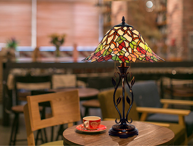 FUMAT Tiffany Style Stained Glass Handcrafted Table Lamp - Creative Red Maple Leaf Desgin