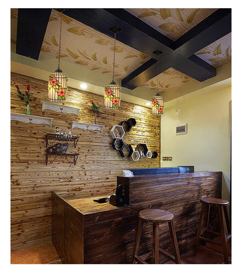 FUMAT Tiffany Style Stained Glass Handcrafted Pendant Light - Red Plum Design with 3 Lights