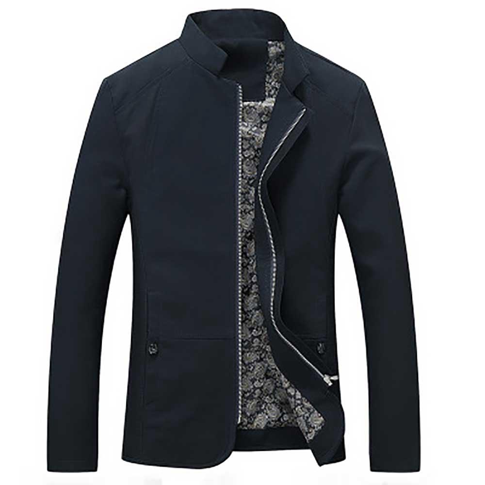 Men's Autumn & Winter Business Casual Stand Collar Coat Slim Fit Jacket With Zipper Size M - Dark Blue