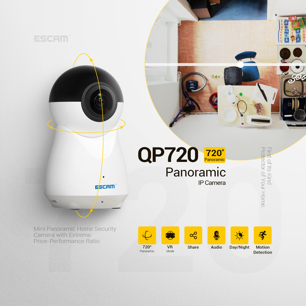 ESCAM QP720 1080P 720 Degree Panoramic WIFI IP Camera H.265 Night Vision - White US Plug