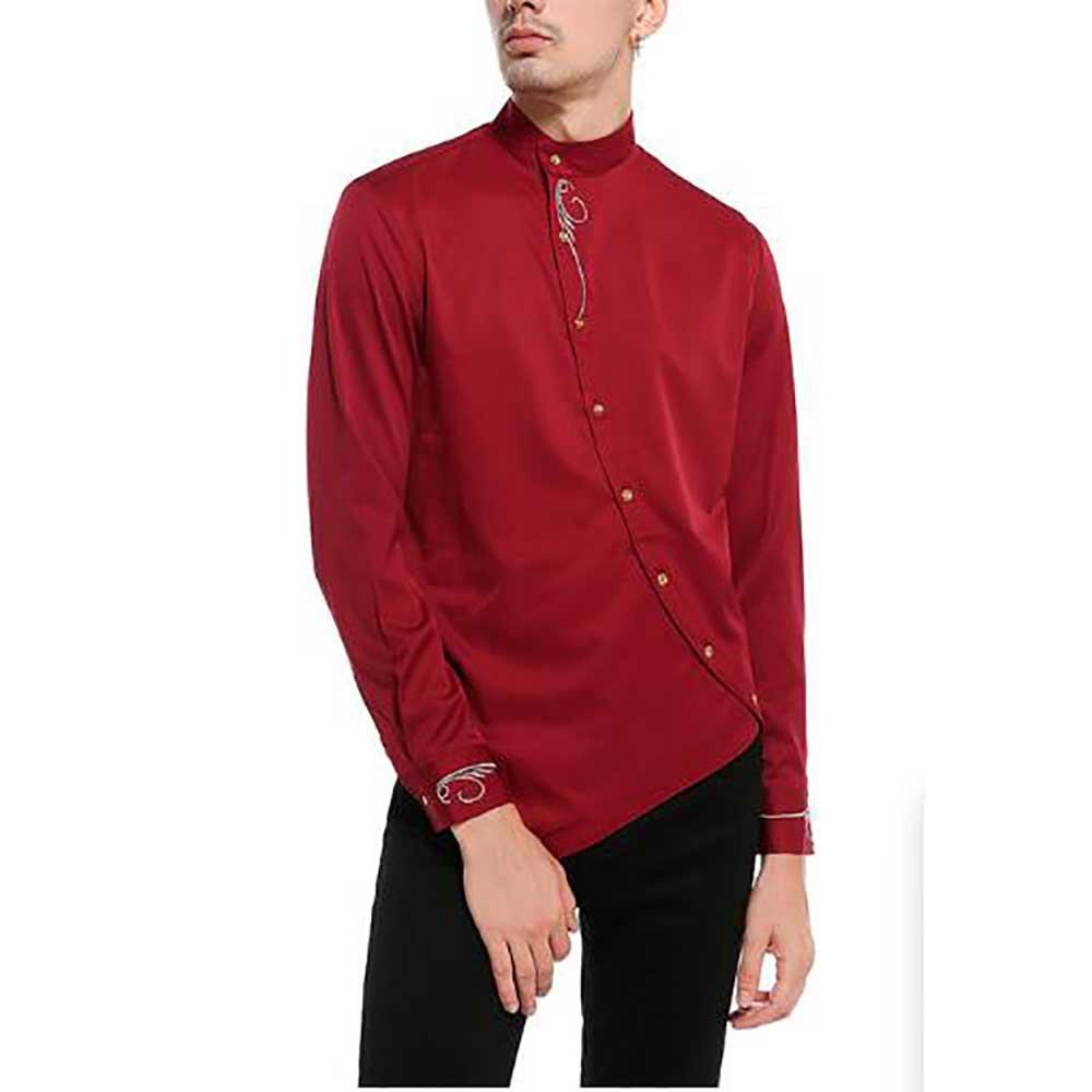 Men's Fashion Casual Long Sleeve Shirt Slim Fit Special Buttons Cotton Size S - Burgundy