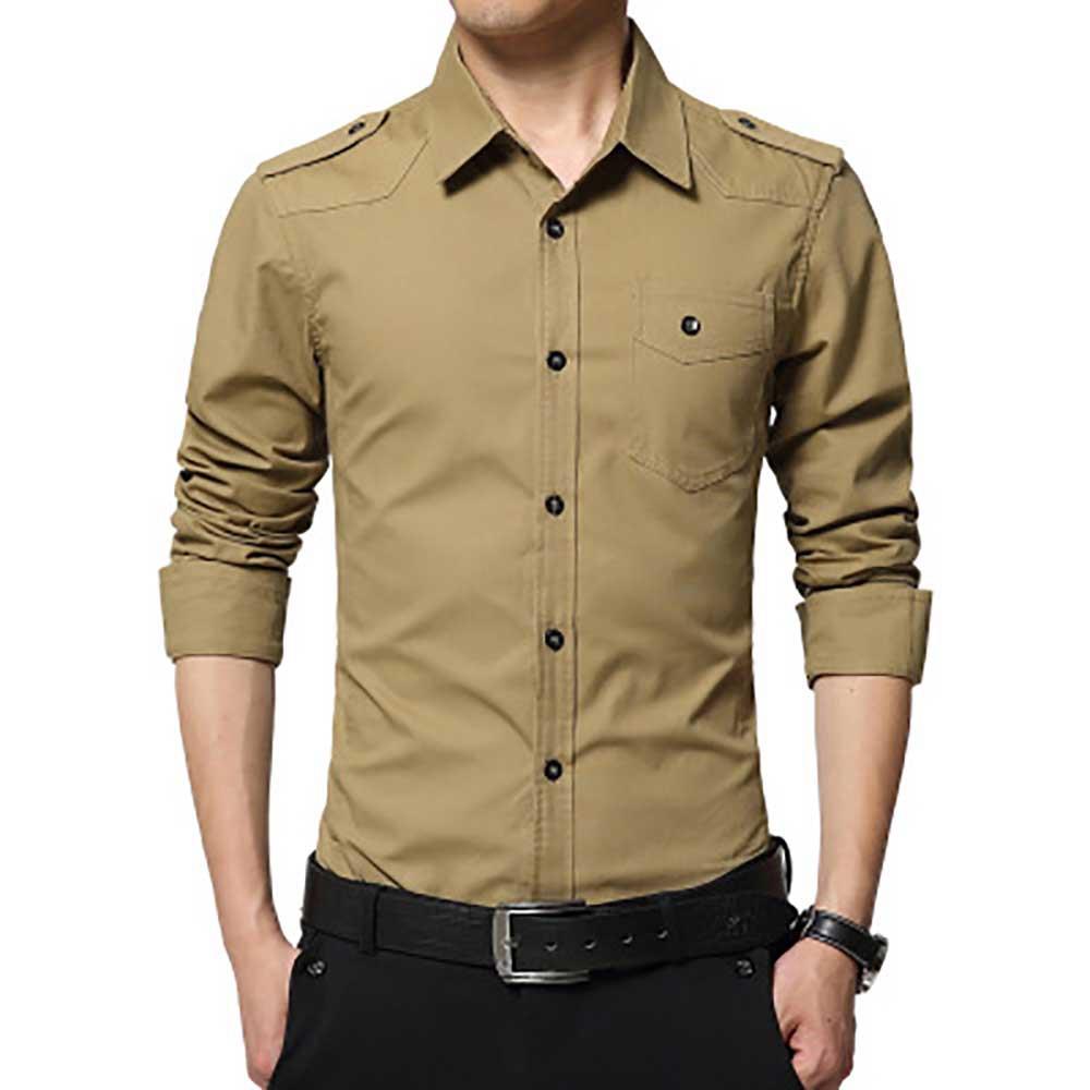 Men's Autumn Business Casual Lapel Shirt Long Sleeve Slim Fit 100% Cotton Size M - Khaki