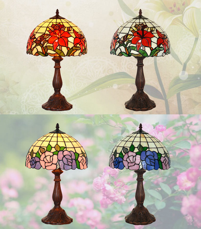 FUMAT Tiffany Style Stained Glass Table Lamp - Romantic Blue Tulip Design