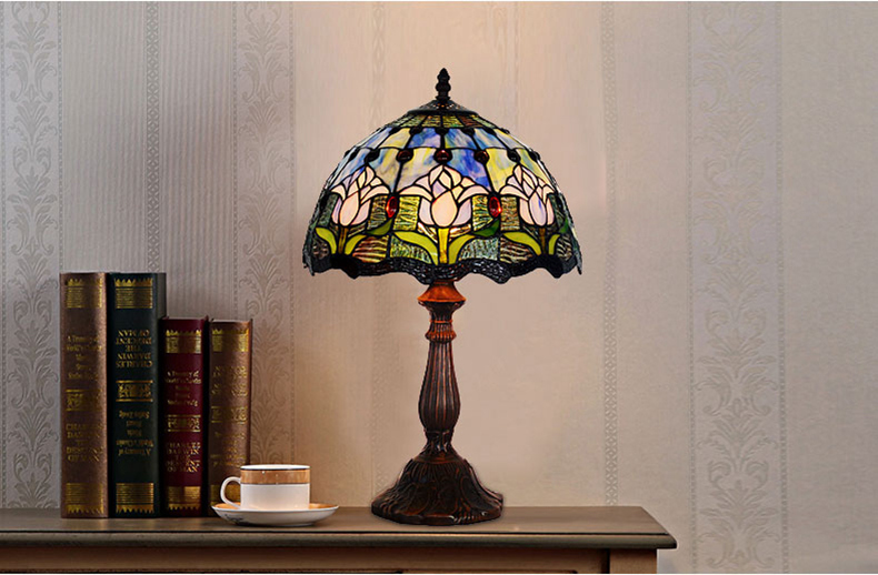 FUMAT Tiffany Style Stained Glass Table Lamp - Romantic Blue Tulip Design