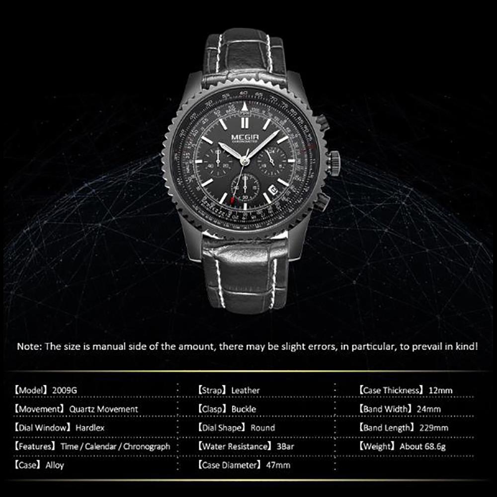 MEGIR ML2009 Men's Casual Business Watch Stopwatch Large Dial Quartz Movement PU Leather Strap - Brown
