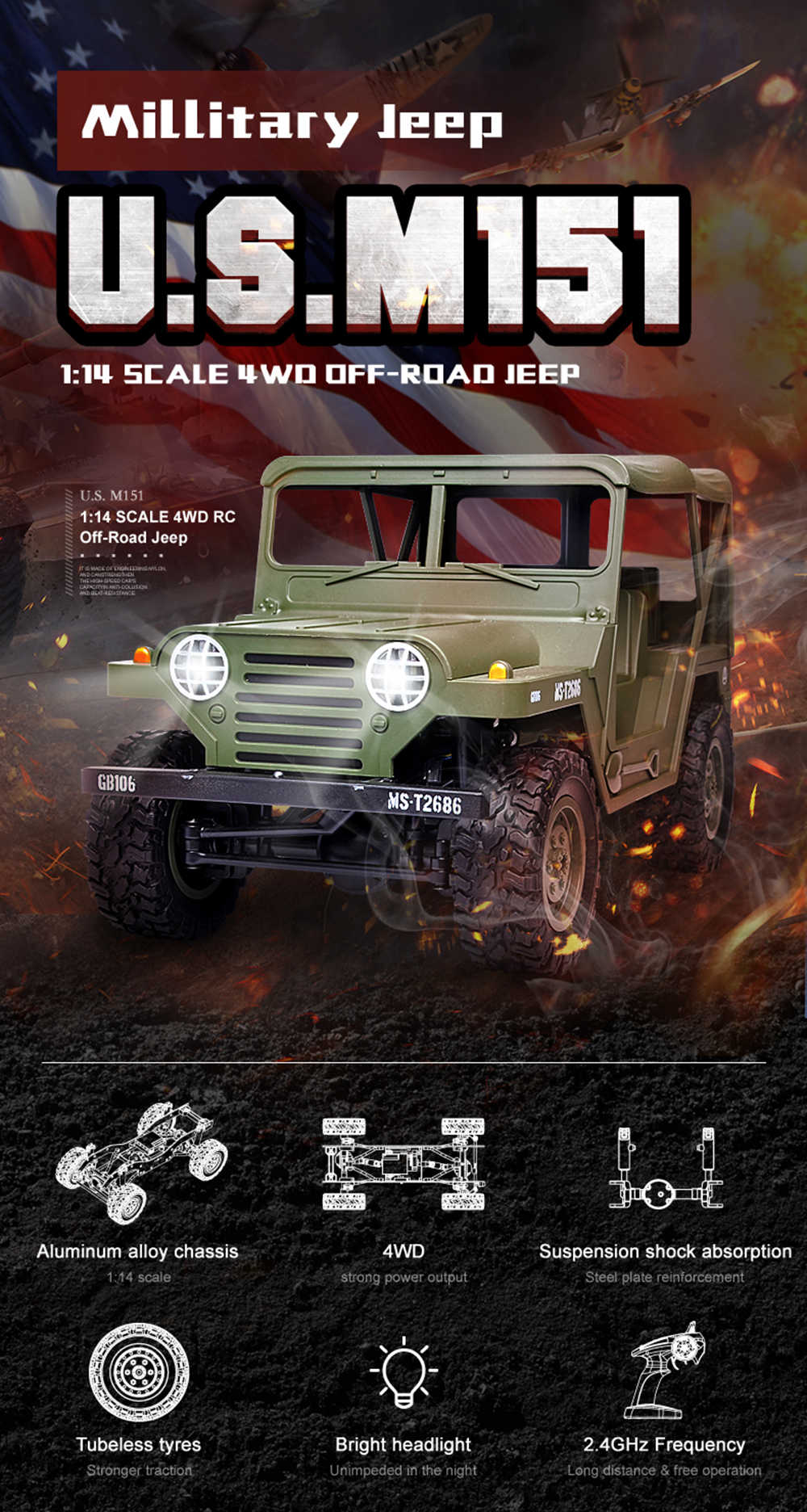 SUBOTECH BG1522 U.S.M151 JEEP 1/14 2.4G 4WD OFF-Road RC Car with LED Lights RTR - Green