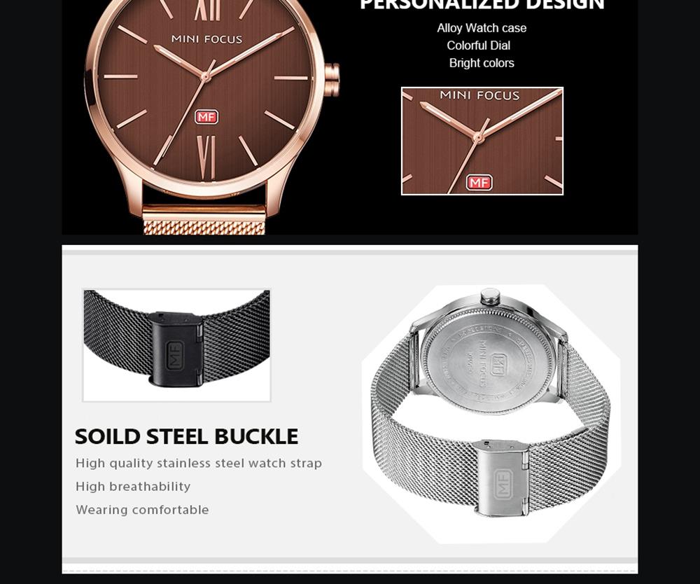MINI FOCUS MF0018G Men's Casual Business Thin Quartz Watches Stainless Steel Strap Wristwatch - Rose Gold
