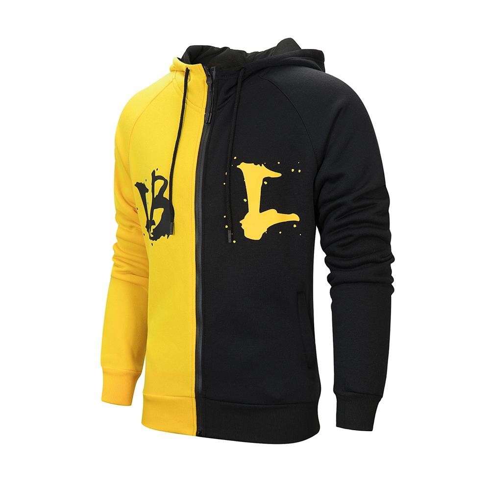 WY36 Men's Casual Color Block Zipper Design Cotton Hoodie Size S - Yellow and Black