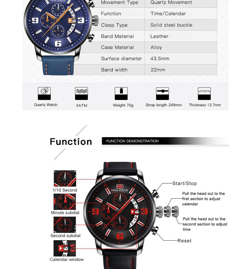 MINI FOCUS MF0025G Men's Quartz Watch Rotating Calendar Date Wristwatch - Blue