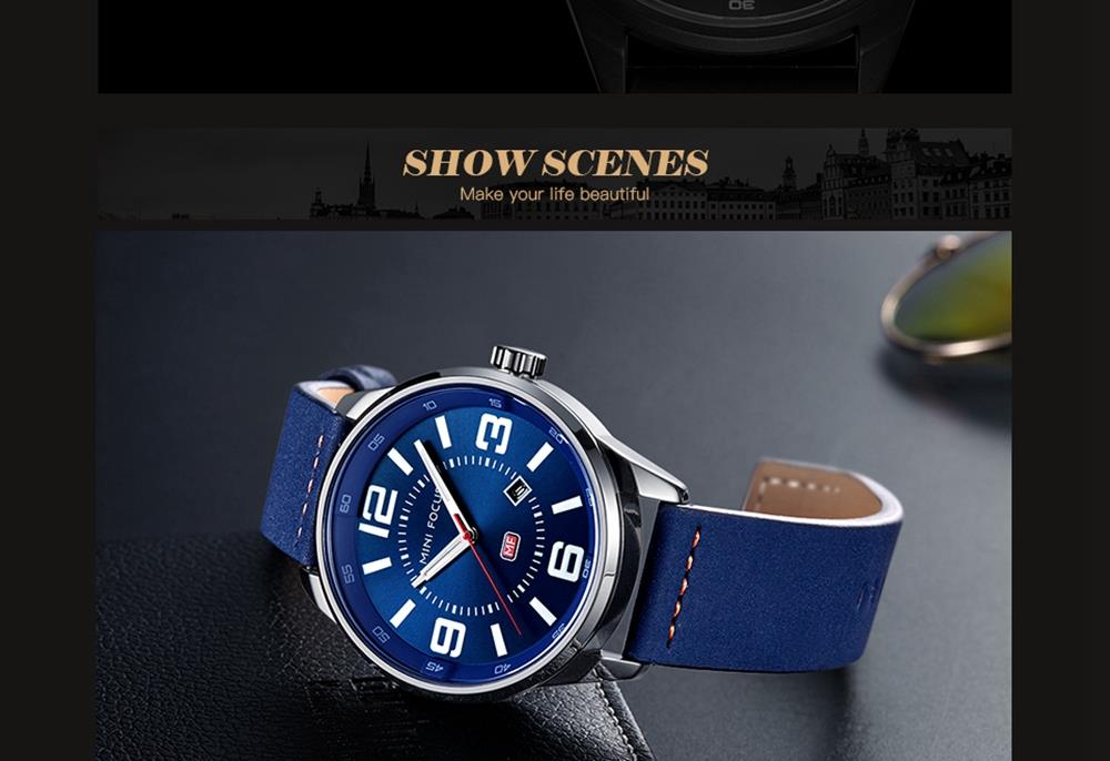 MINI FOCUS MF0051G Men's Casual Business Quartz Sports Watch Genuine Leather Strap Waterproof Wristwatch - Blue