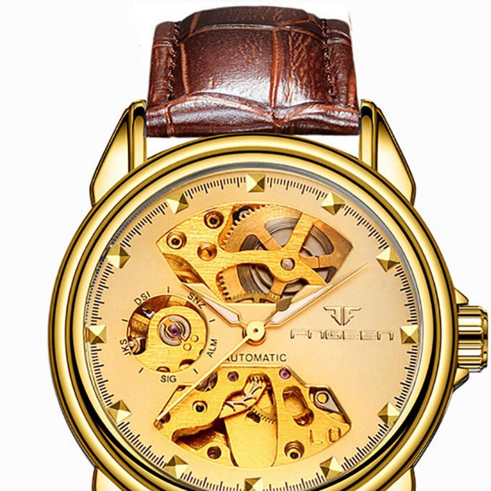 Men's Business Hollow Engraving Mechanical Watch Analog Automatic Movement PU Leather Strap - Gold