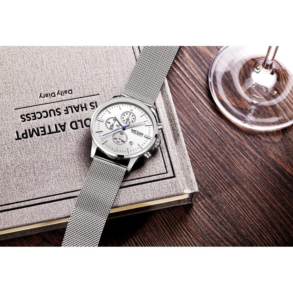 ML2011G MEGIR Men's Sports Wrist Watch Business Analog Casual Quartz Movement Stainless Steel - Silver